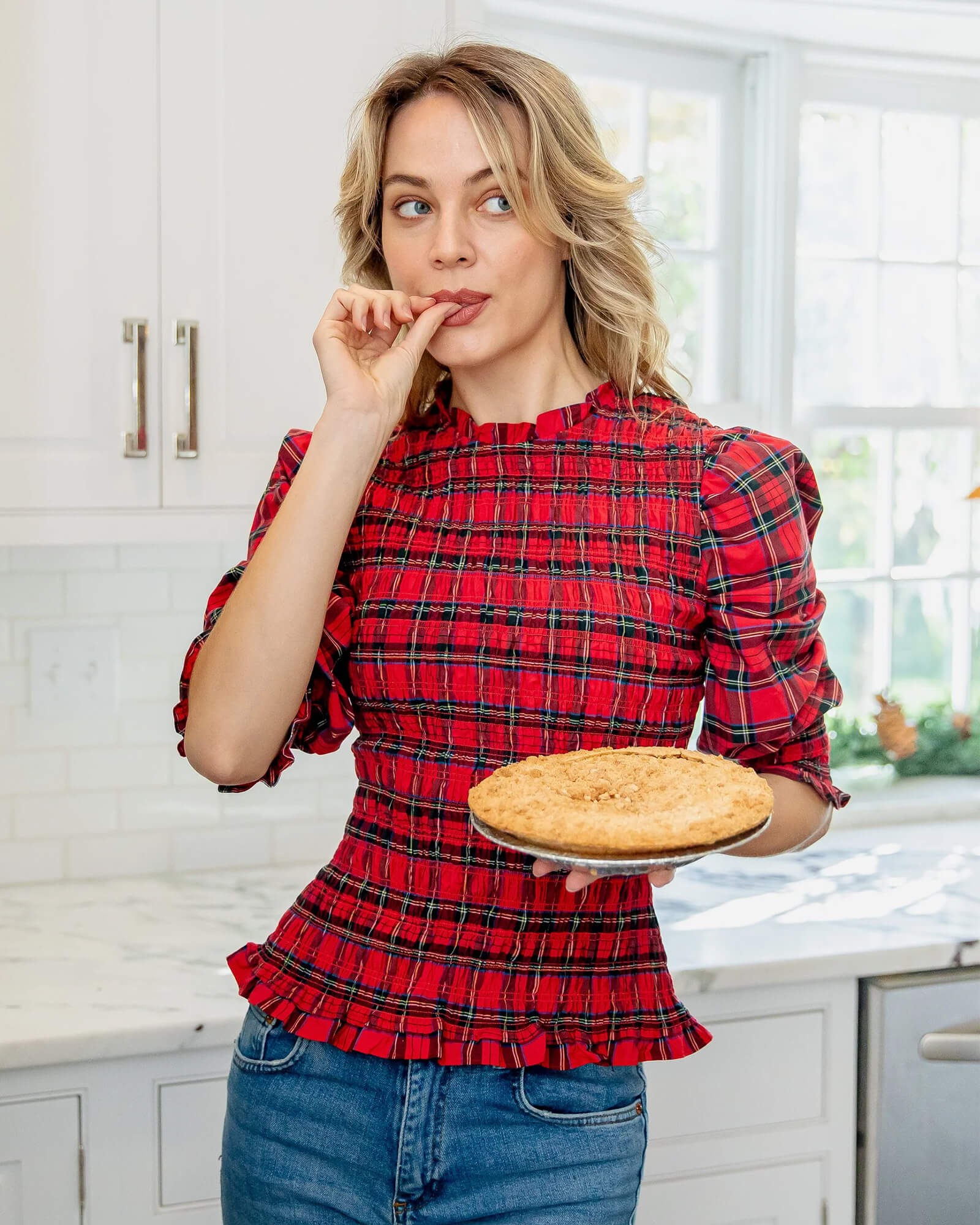 Red Plaid Long Sleeve Smocked Top