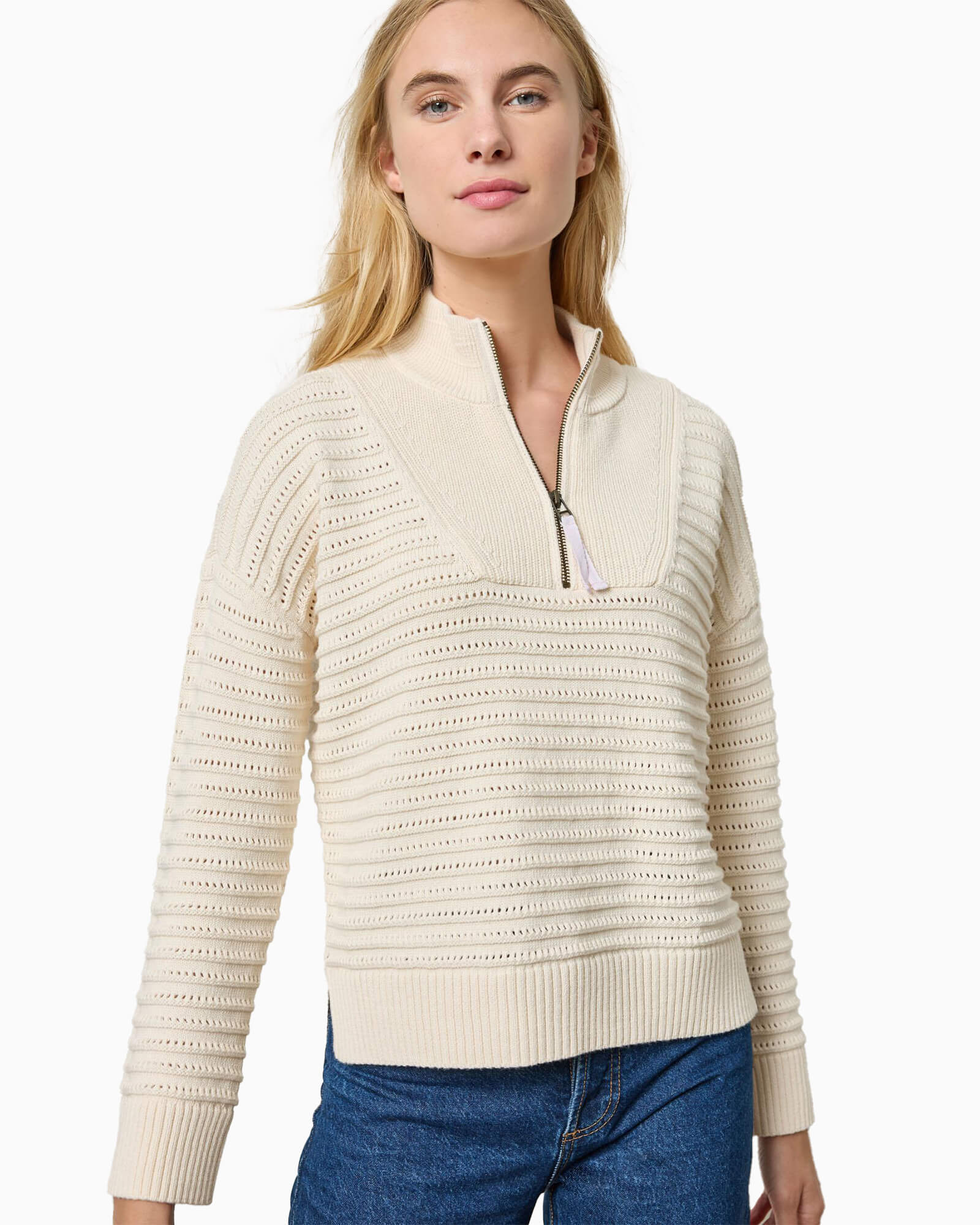 Pointelle Half Zip Sweater Ivory