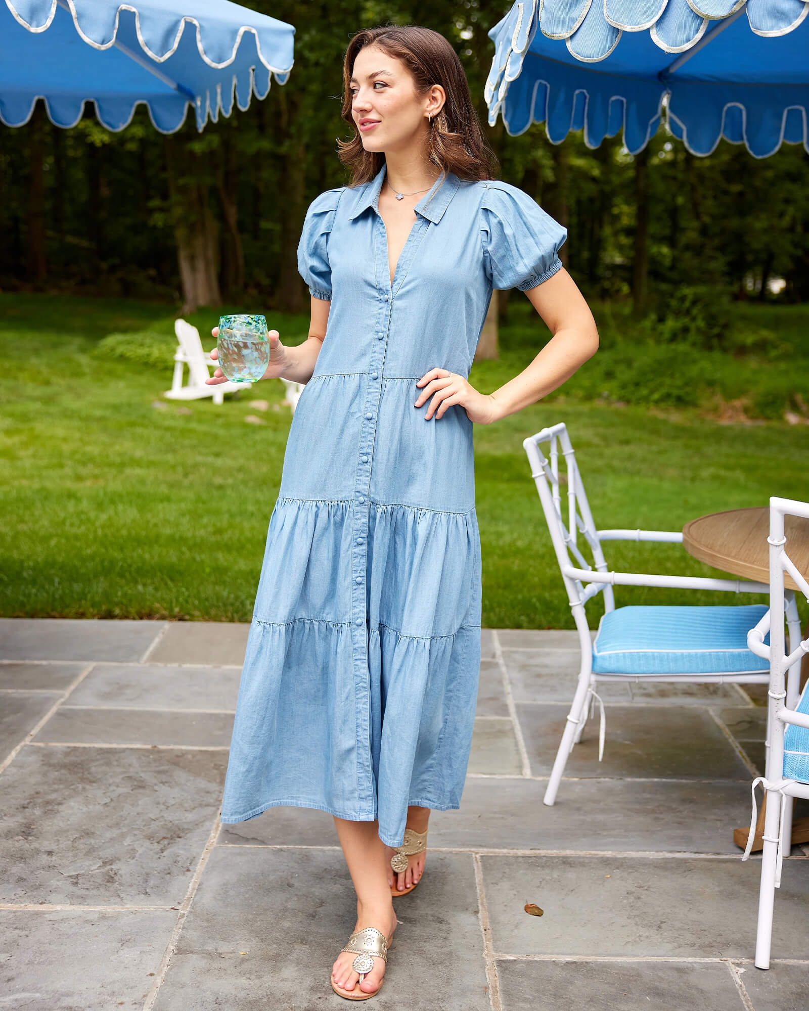 Chambray Puff Sleeve Button Front Midi