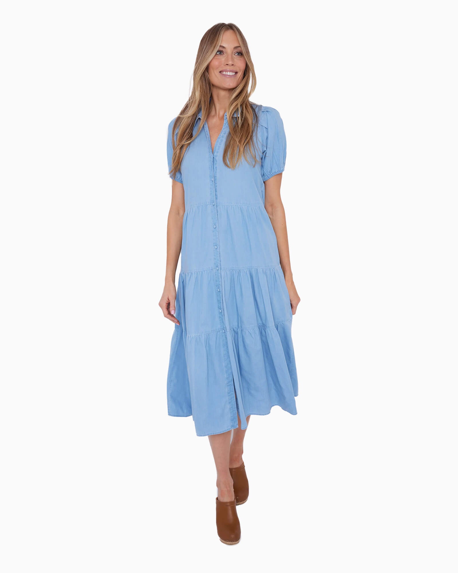 Chambray Puff Sleeve Button Front Midi