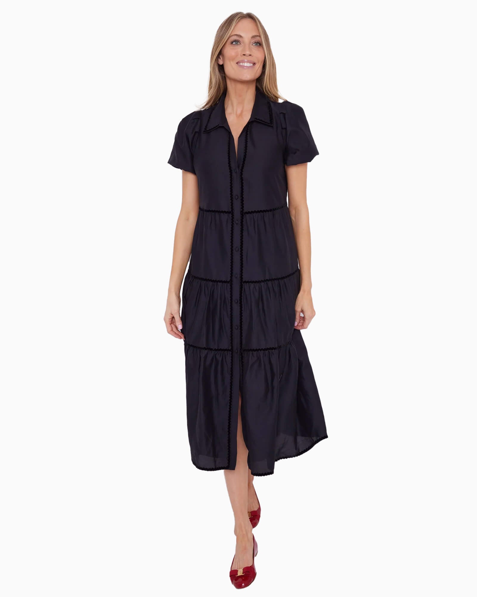 Black Puff Sleeve Midi Shirt Dress