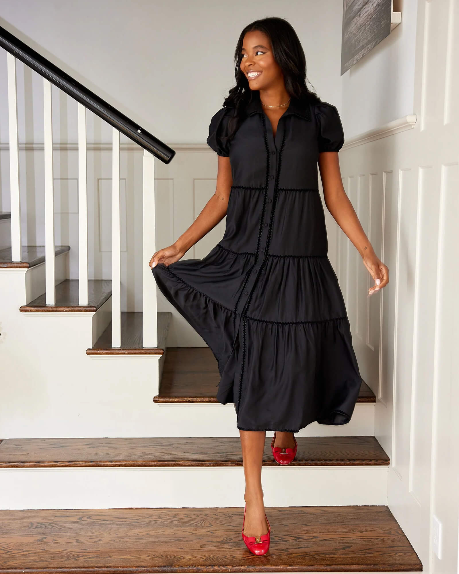 Black Puff Sleeve Midi Shirt Dress