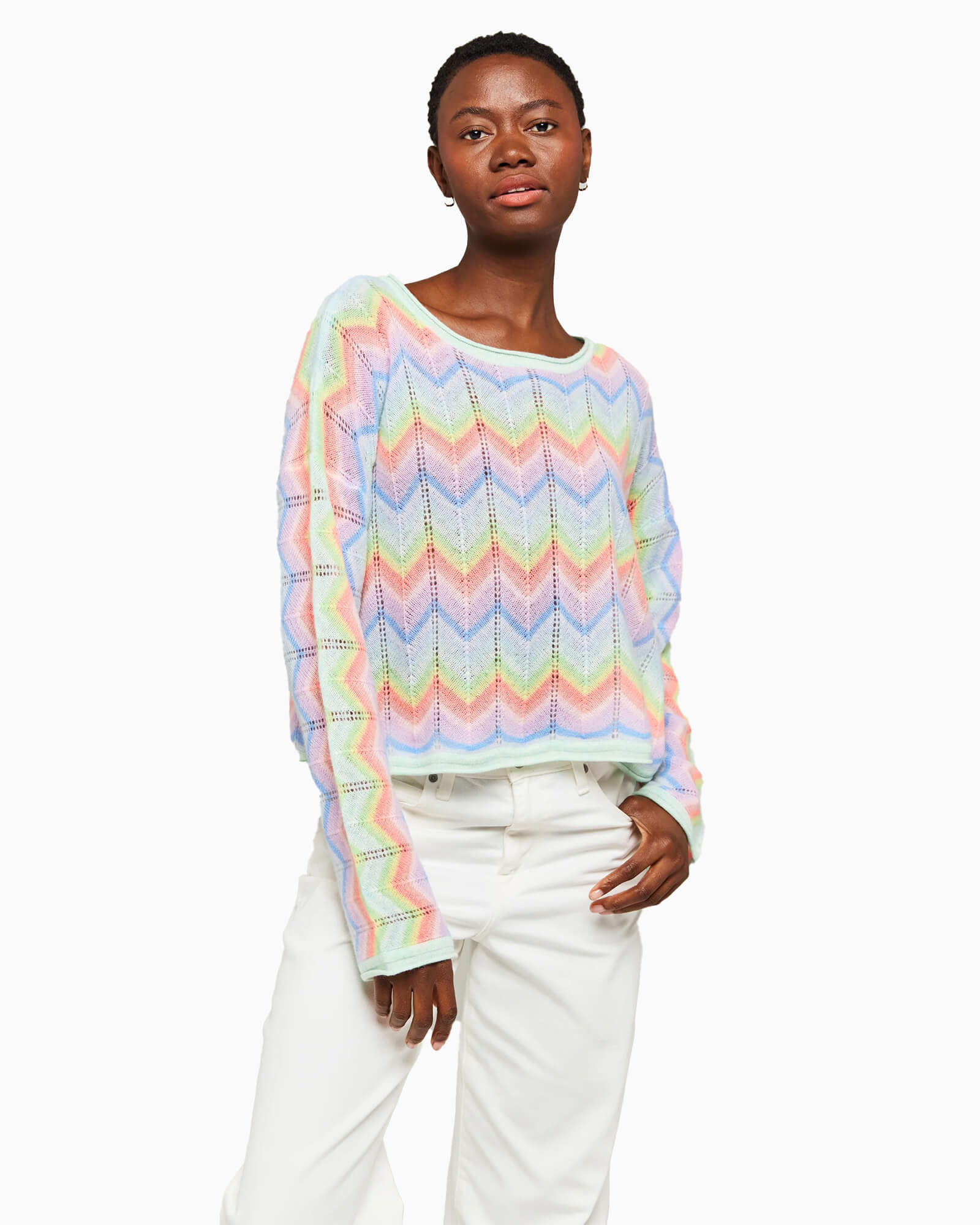 Rainbow Chevron Stripe Cashmere Slash Neck