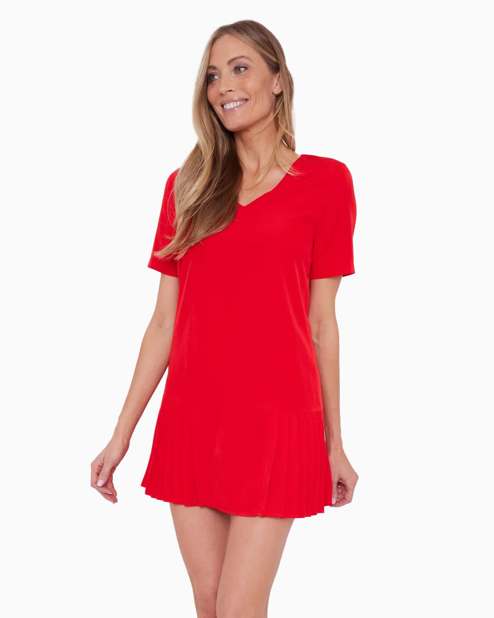 Red Short Sleeve V-Neck Pleated Dress