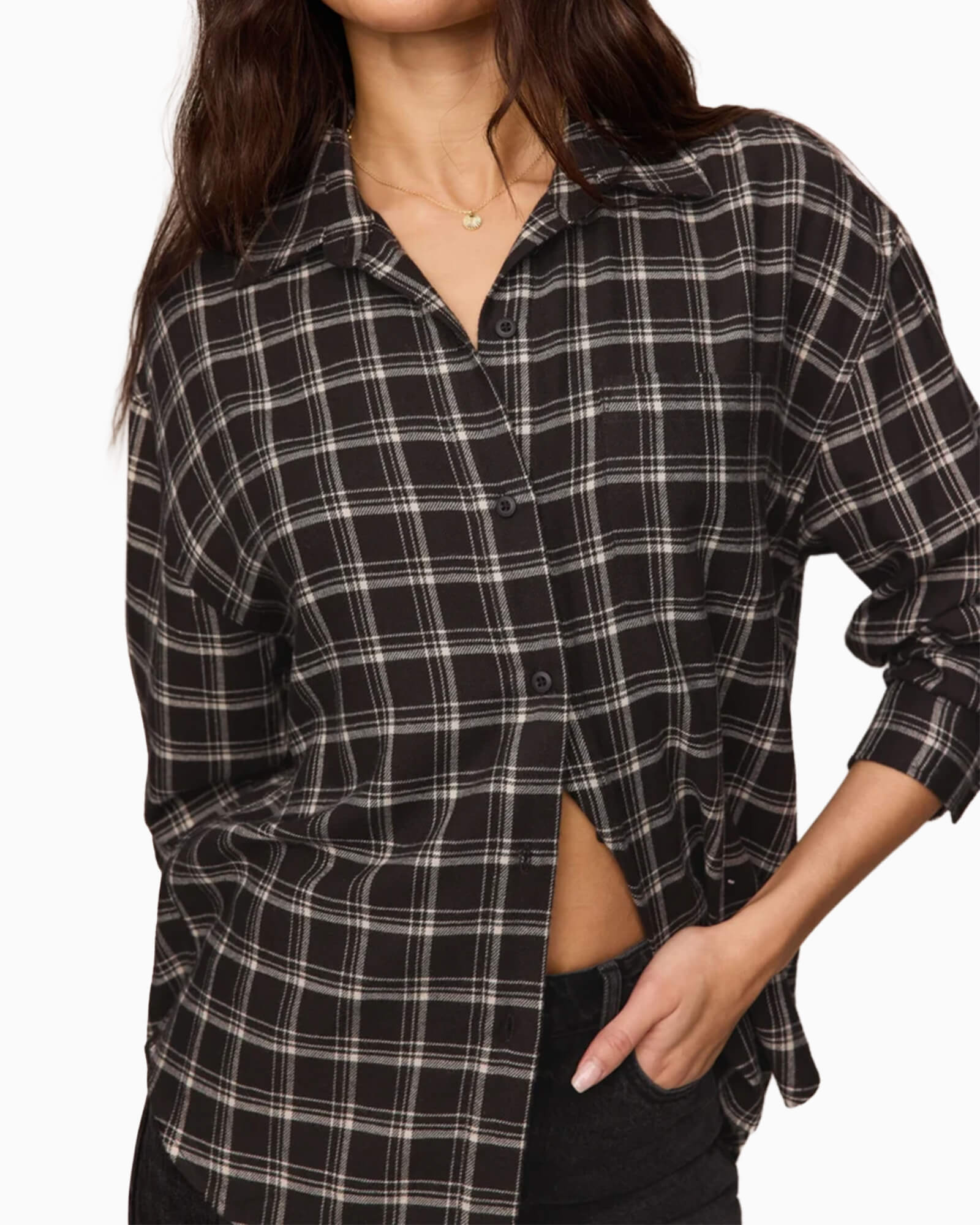 River Plaid Button Up Ash Black