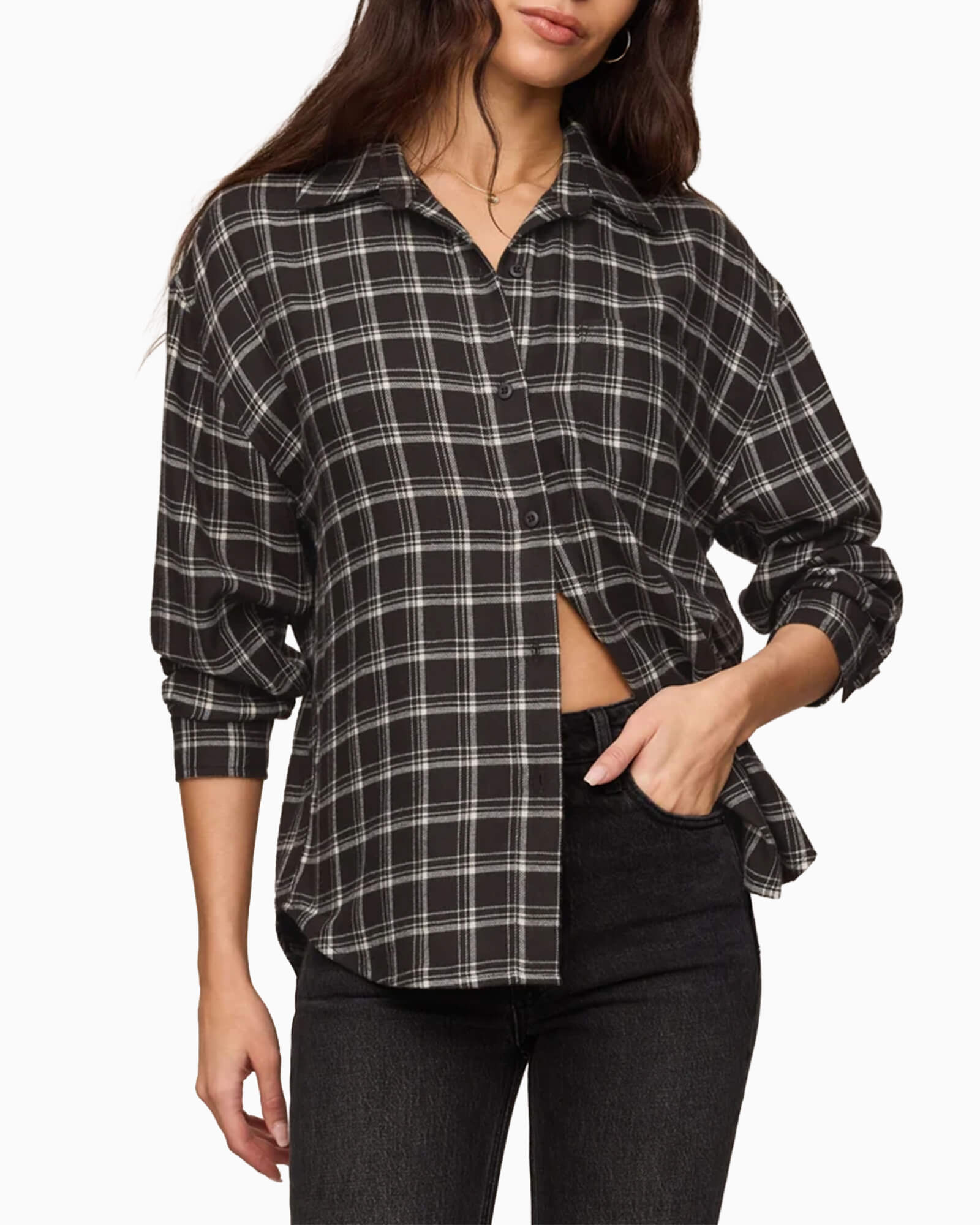 River Plaid Button Up Ash Black