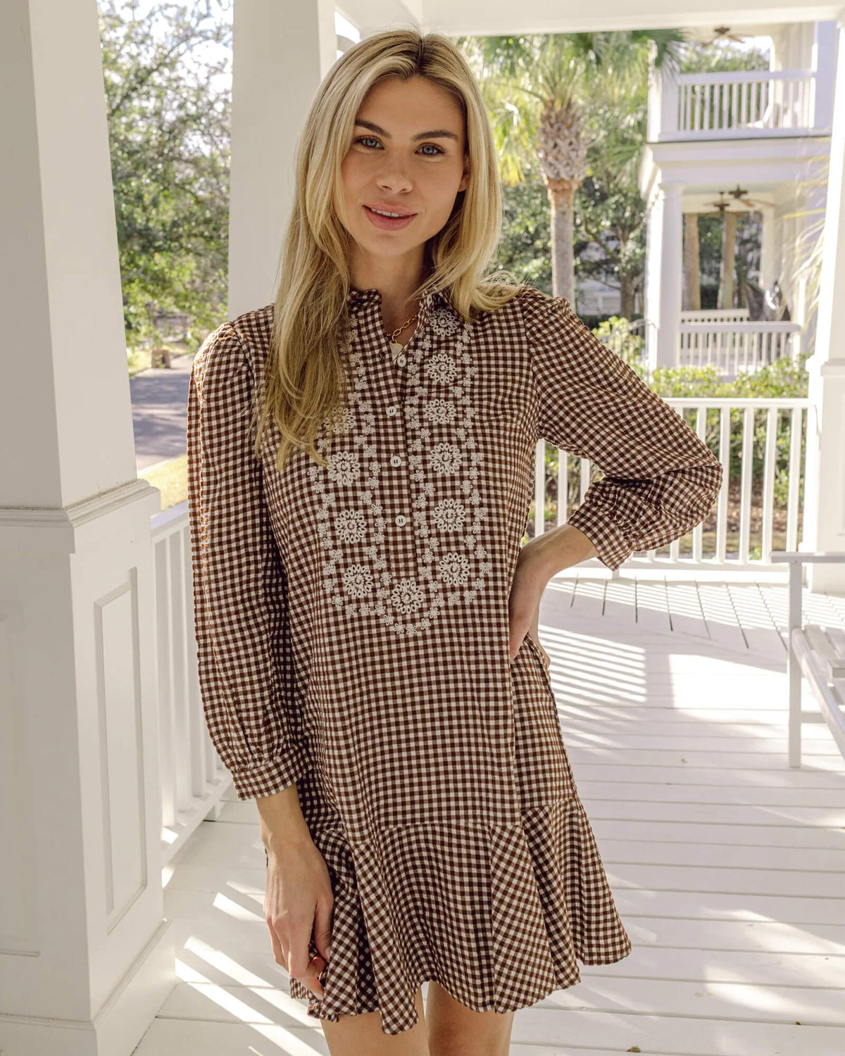 Brown & White Gingham Embroidered Ruffle Hem Shirt Dress