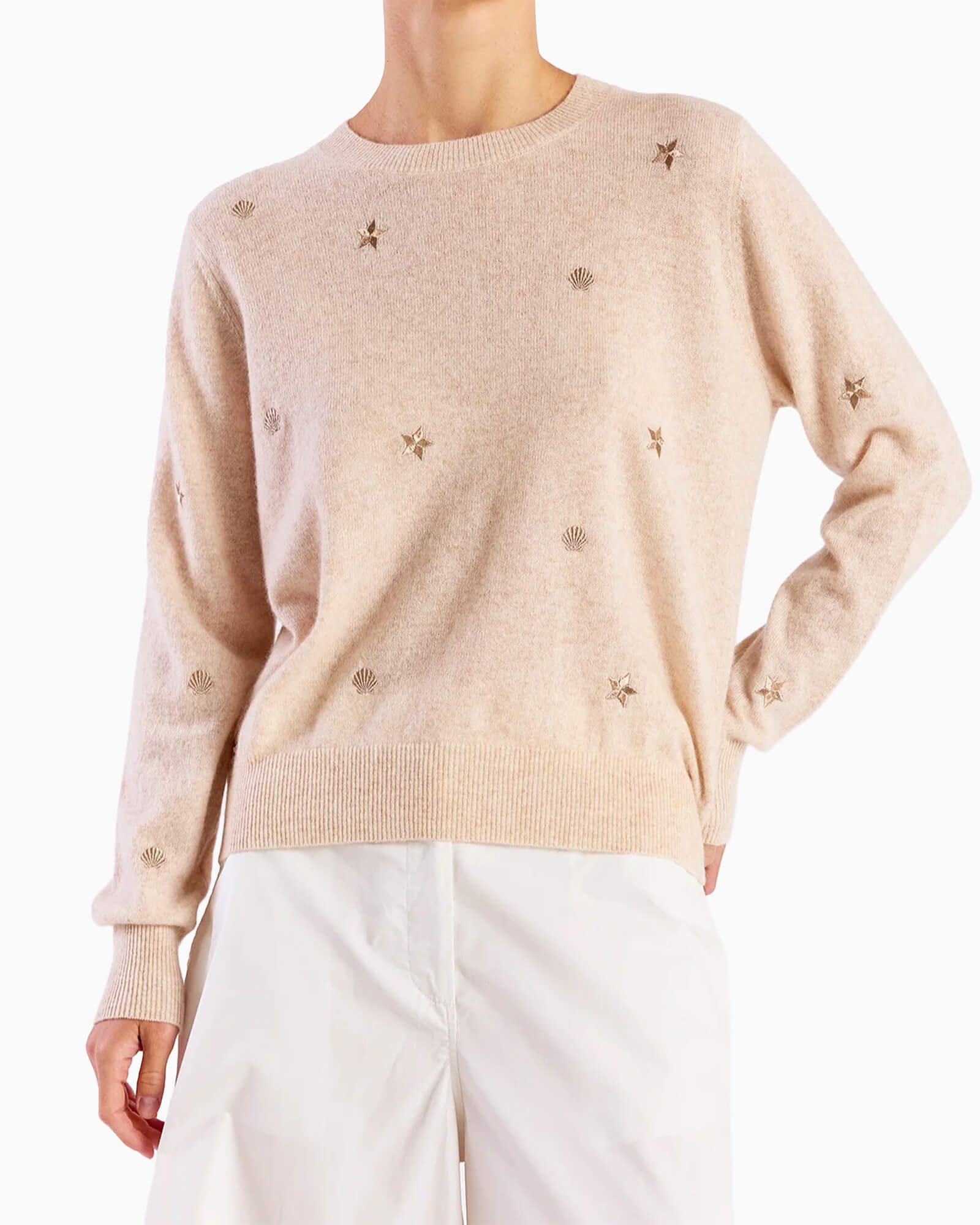 Sea Embroidery Cashmere Crew Neck Jumper