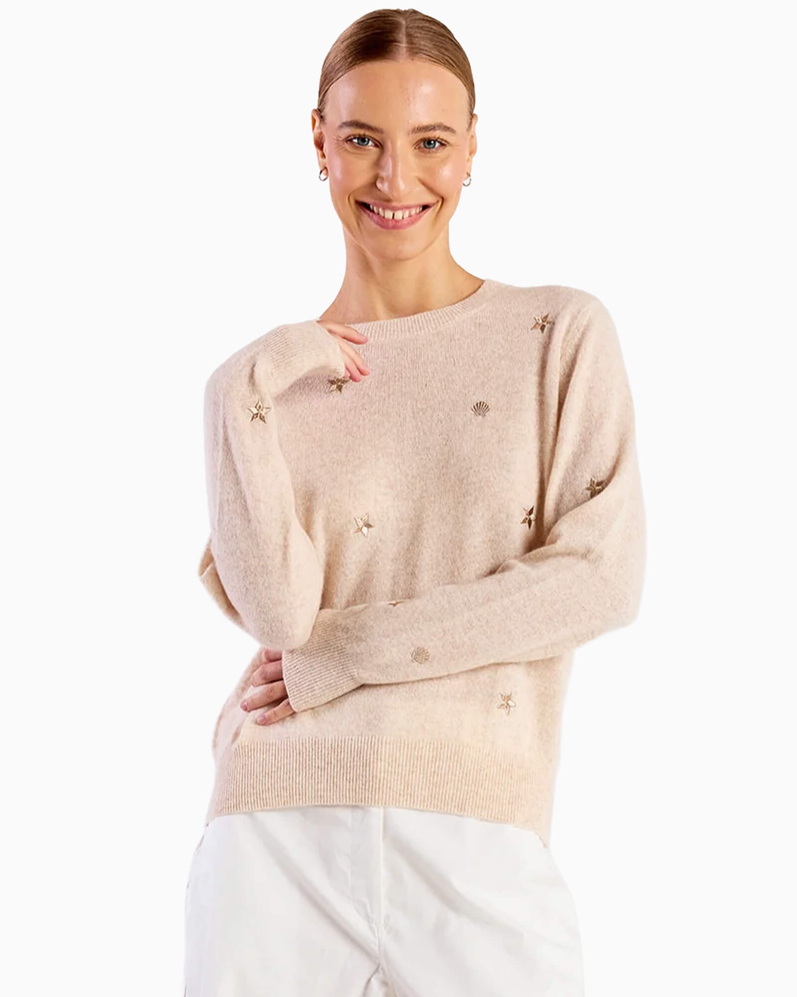 Sea Embroidery Cashmere Crew Neck Jumper