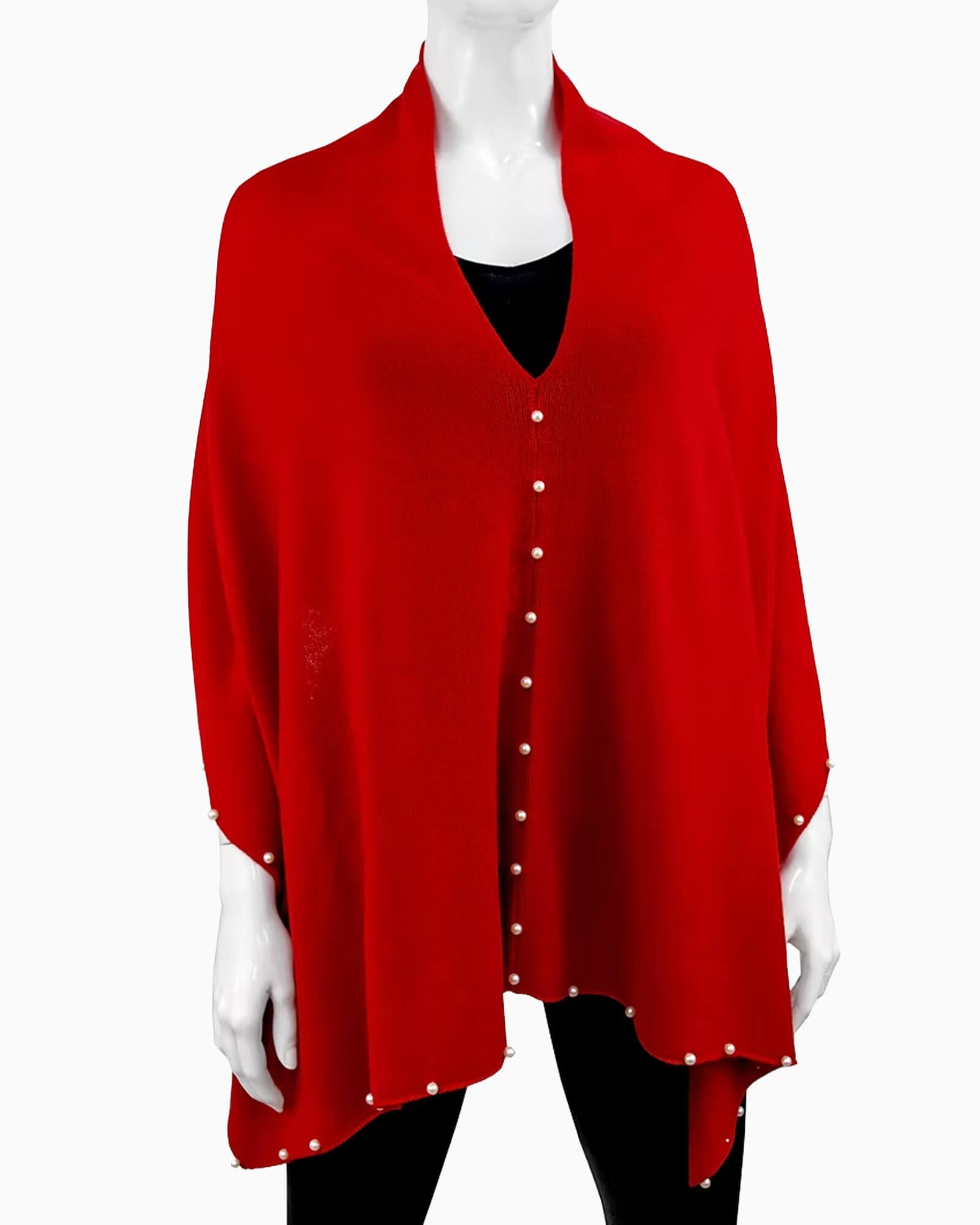Cashmere Blend Poncho w/ Pearls Red