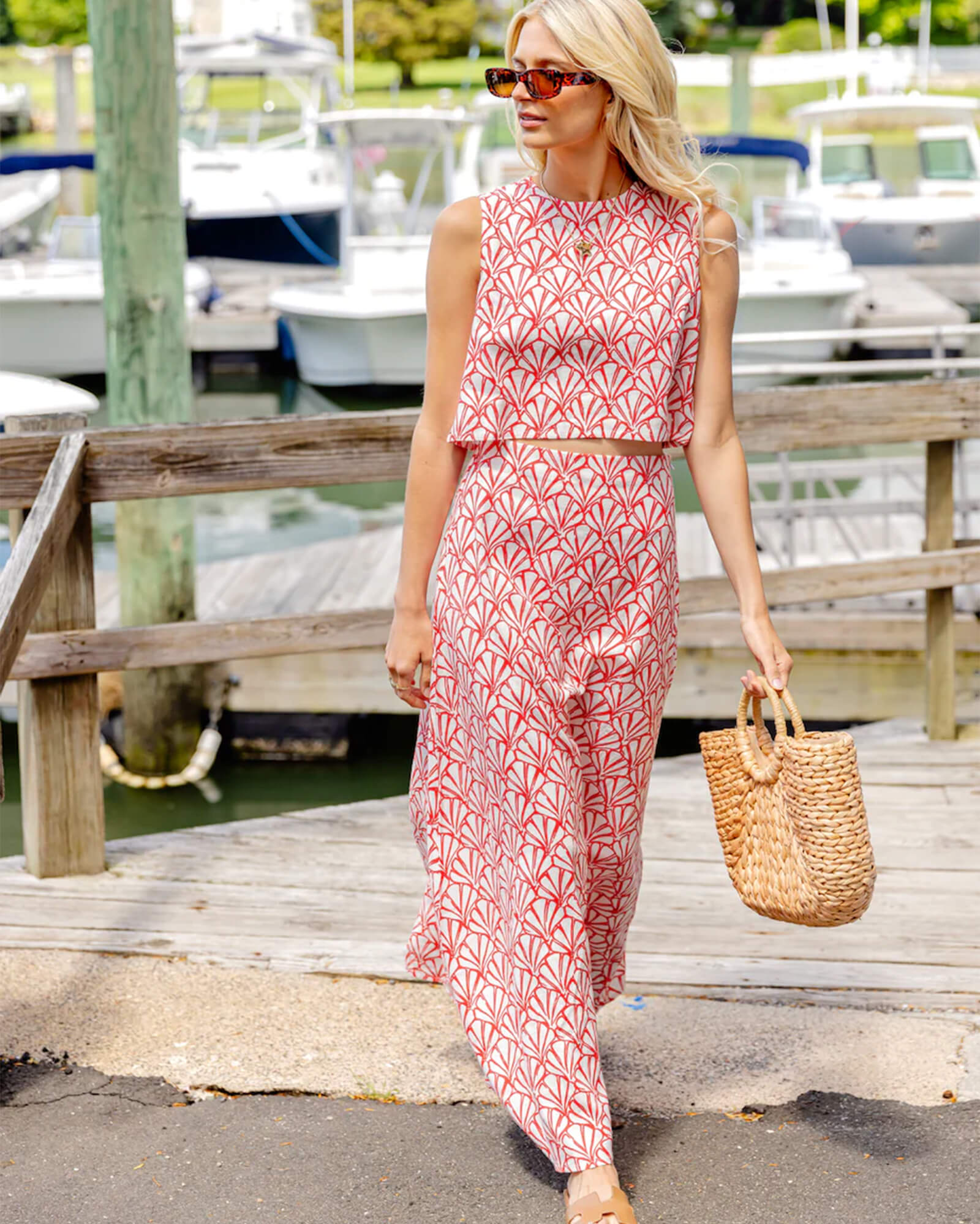 Red Seashell Print Maxi Skirt Set