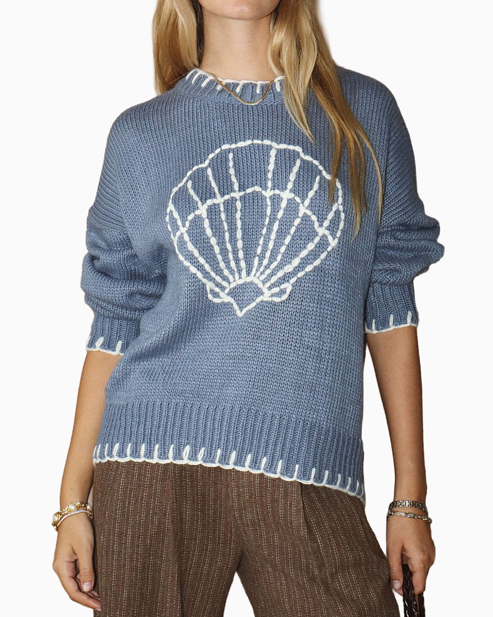 Shell Pattern Knit Sweater Vintage Blue