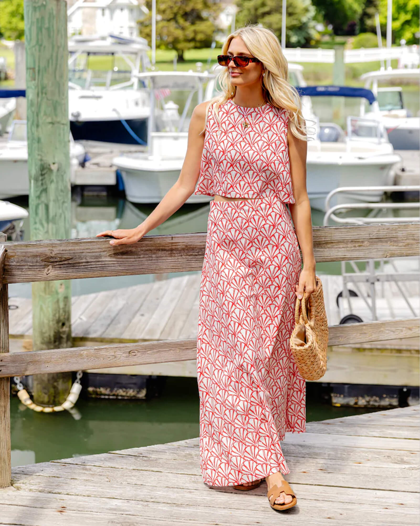 Red Seashell Print Maxi Skirt Set