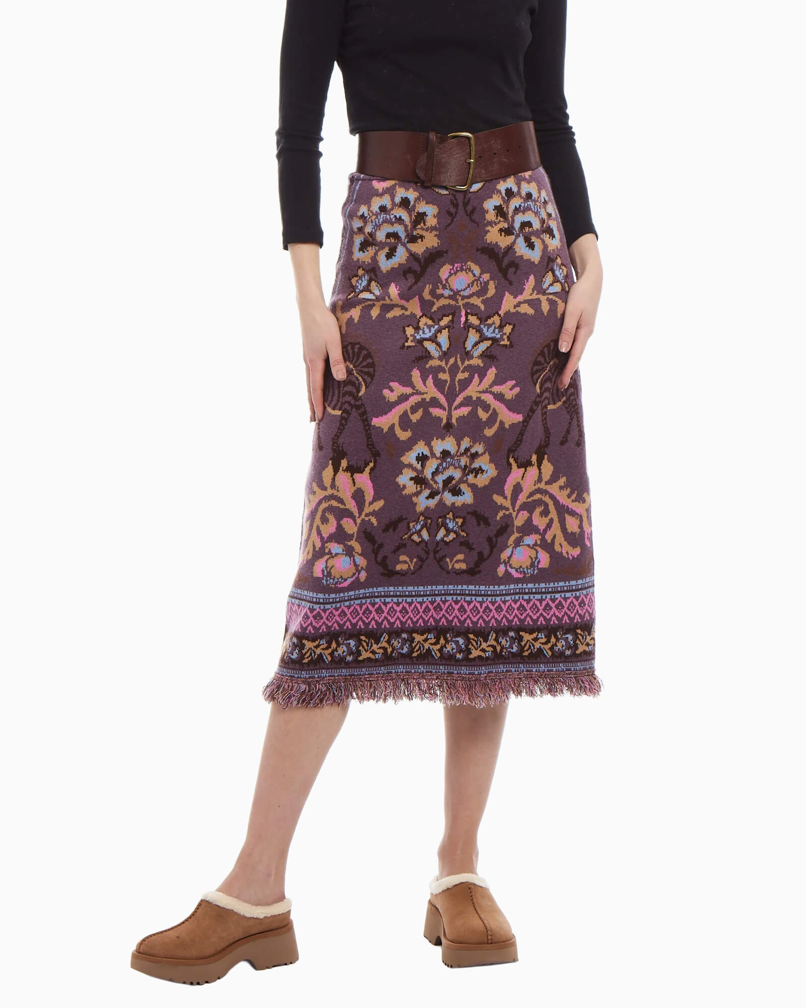 Camille Knit Fringe Skirt Mocha Jacquard