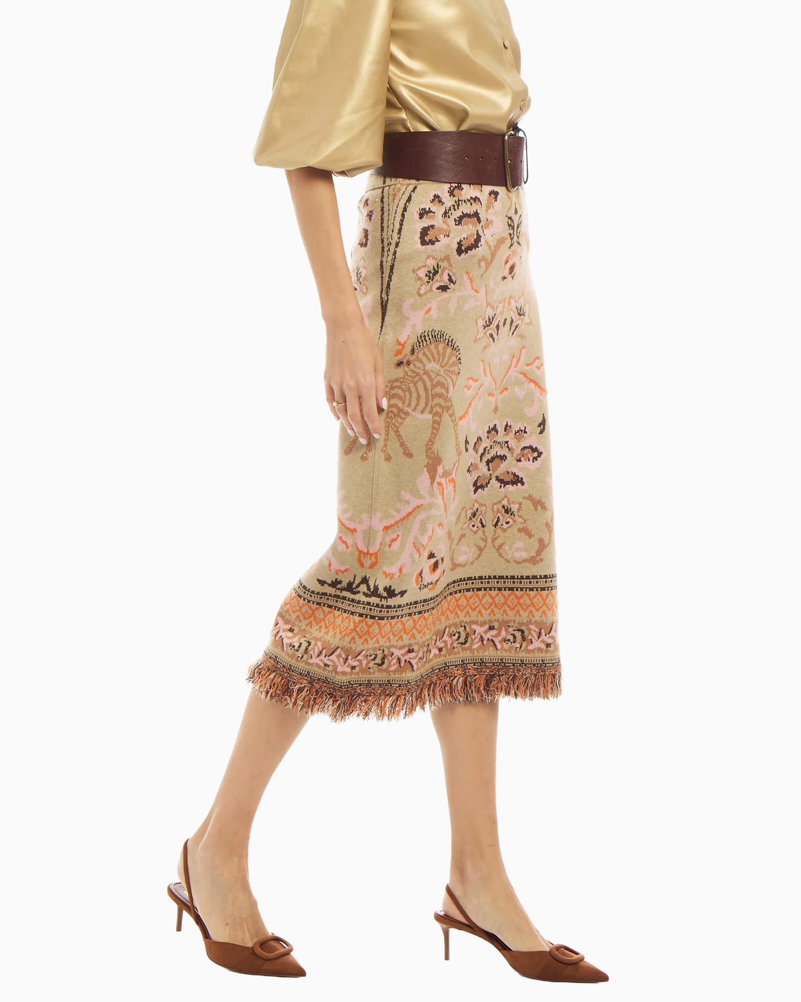 Camille Knit Fringe Skirt Camel Jacquard