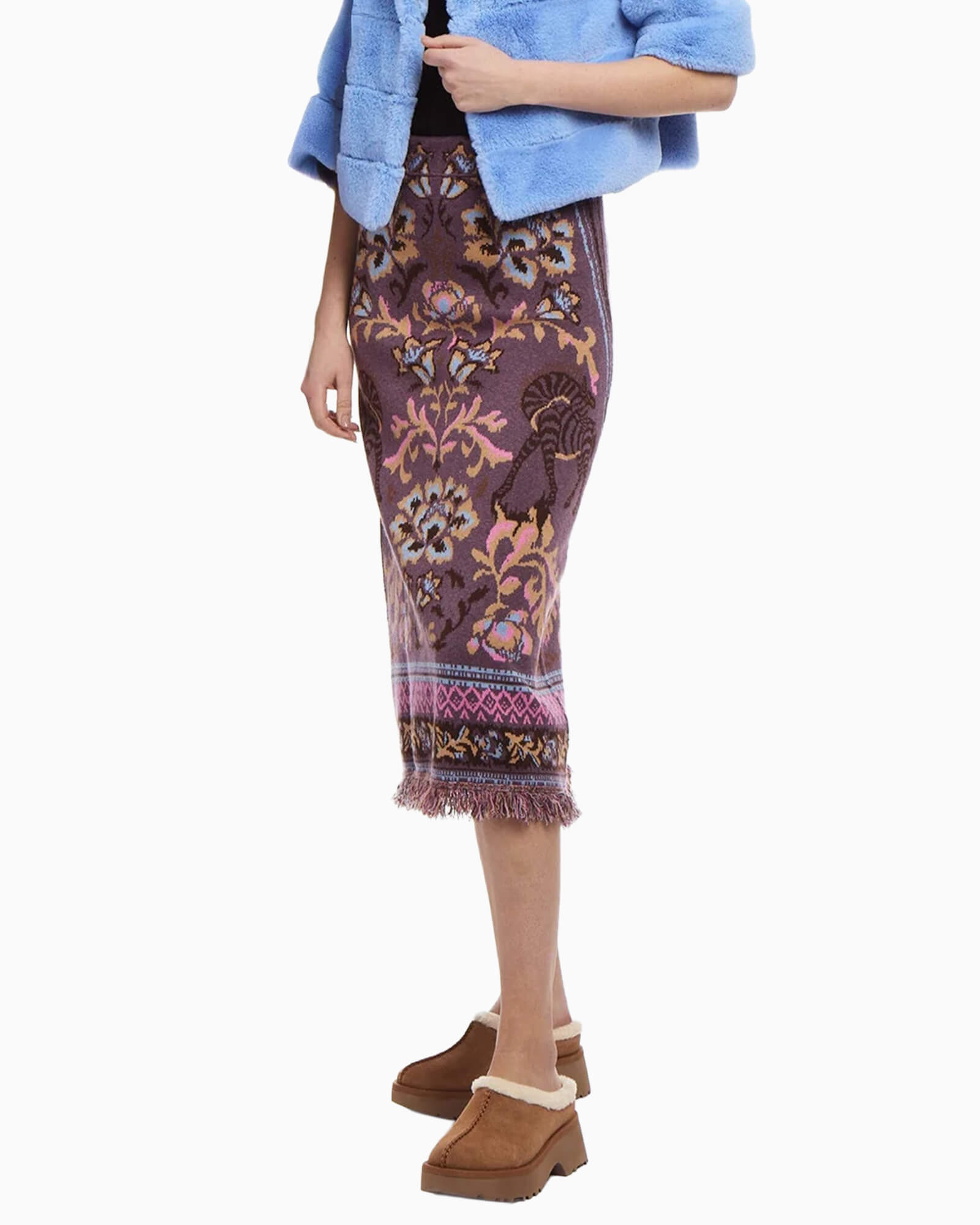 Camille Knit Fringe Skirt Mocha Jacquard