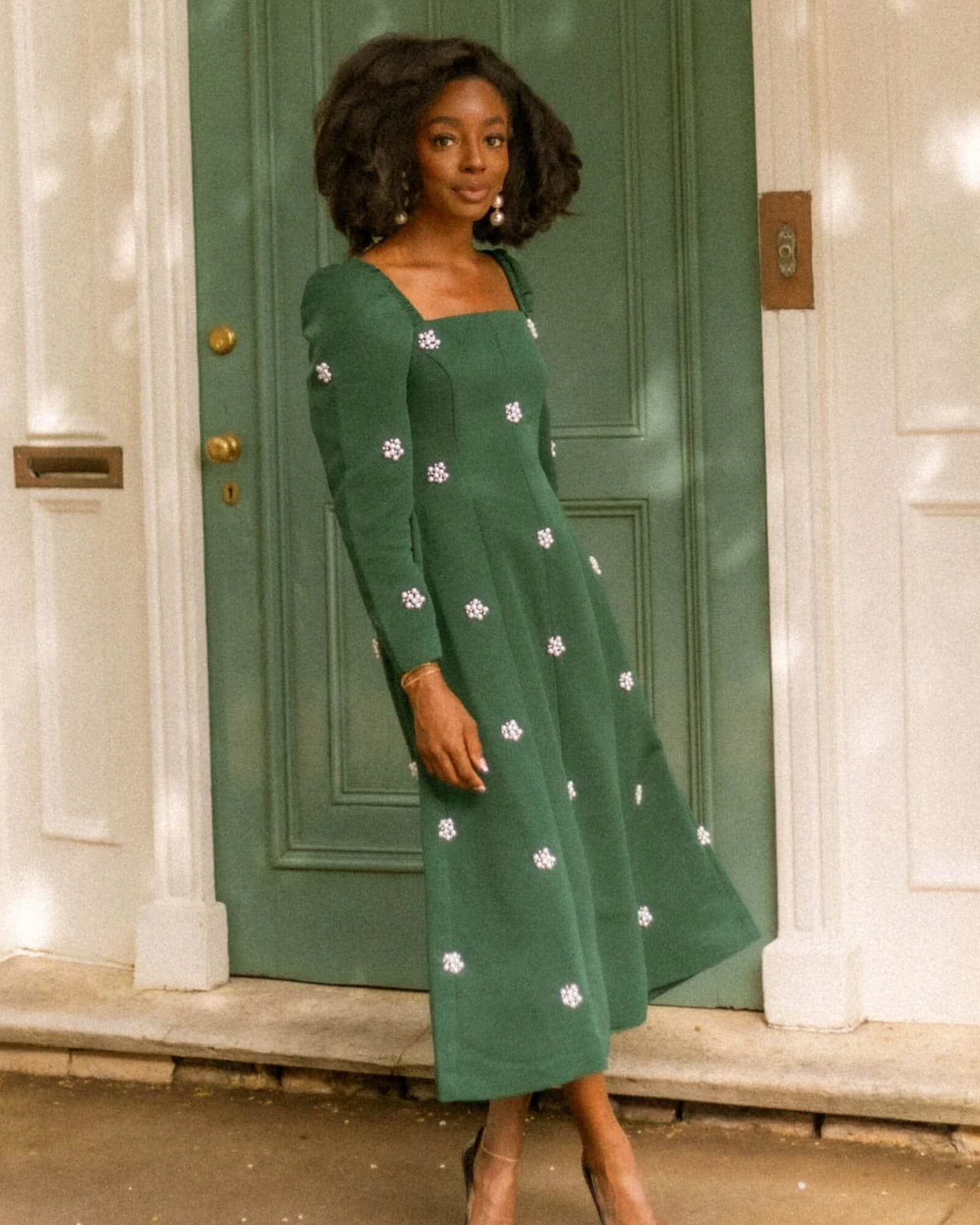 Emerald Pearl Cluster Square Neck Midi Dress