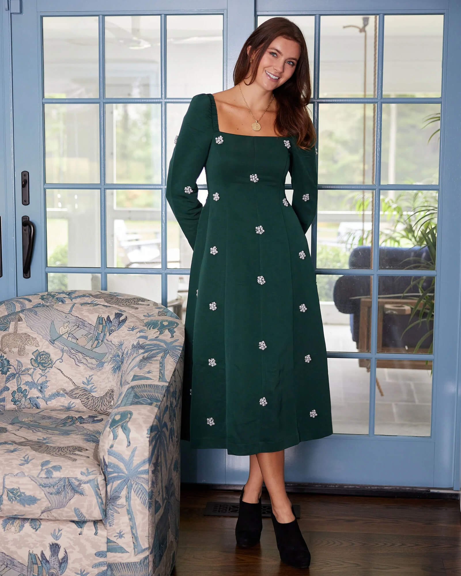 Emerald Pearl Cluster Square Neck Midi Dress