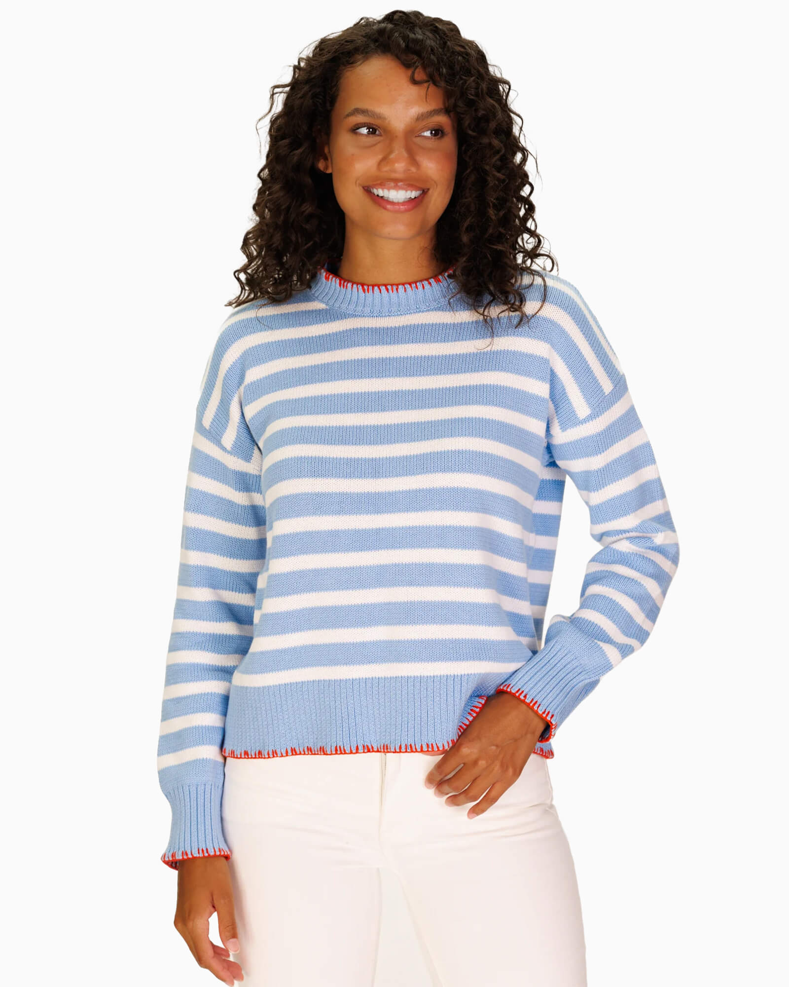 Blanket Stitch Sweater Blue & White Stripe