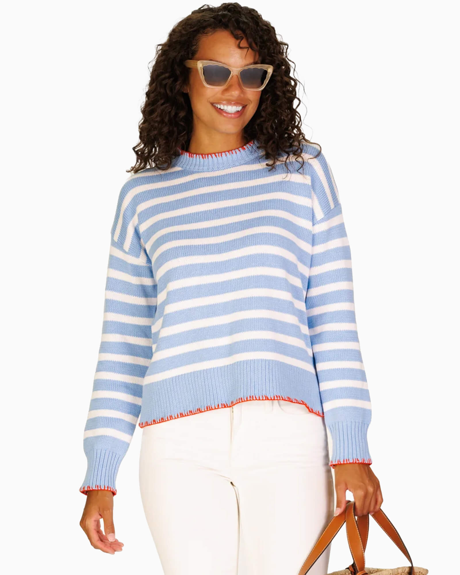 Blanket Stitch Sweater Blue & White Stripe