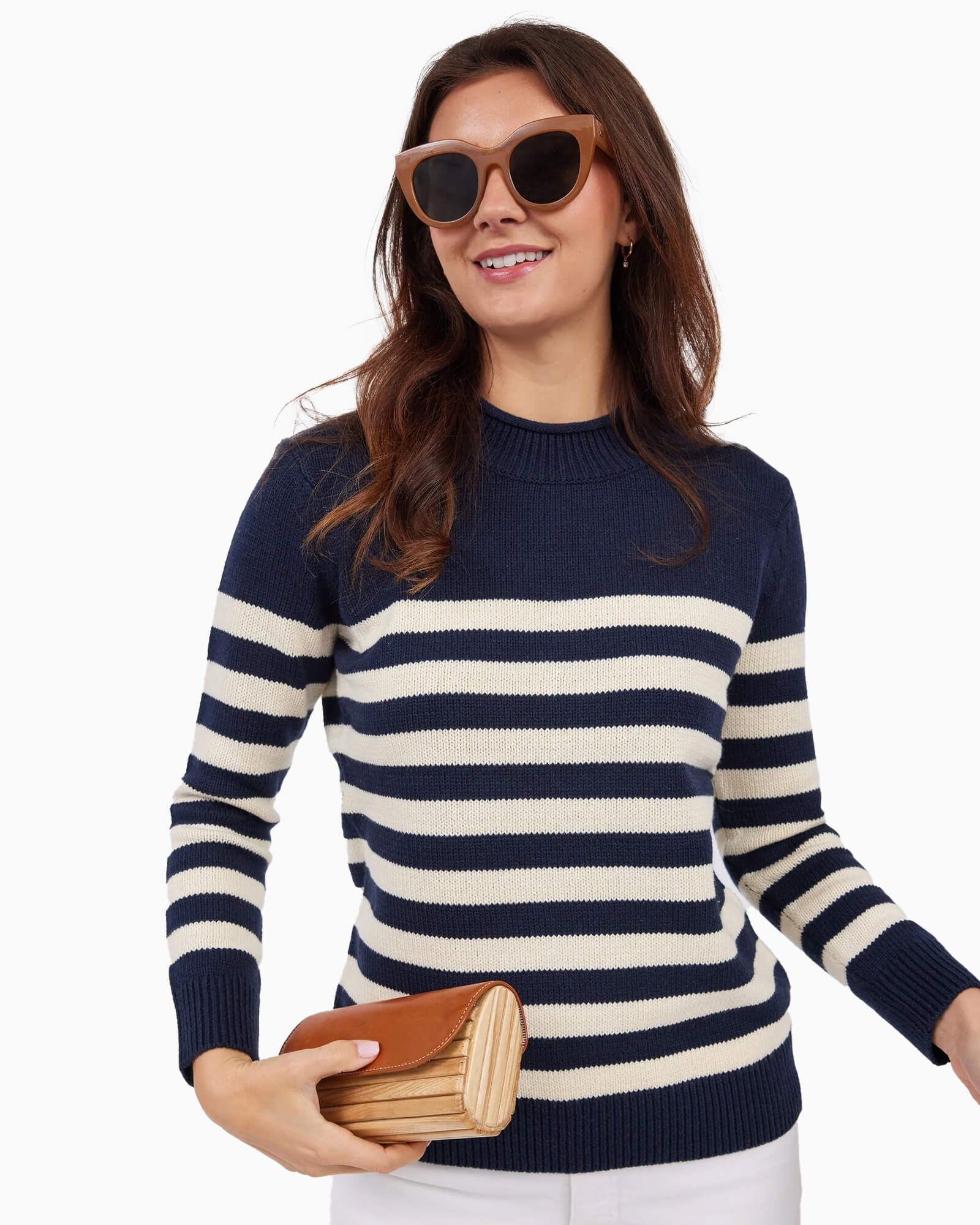 Navy & Ivory Roll Neck Stripe Sweater