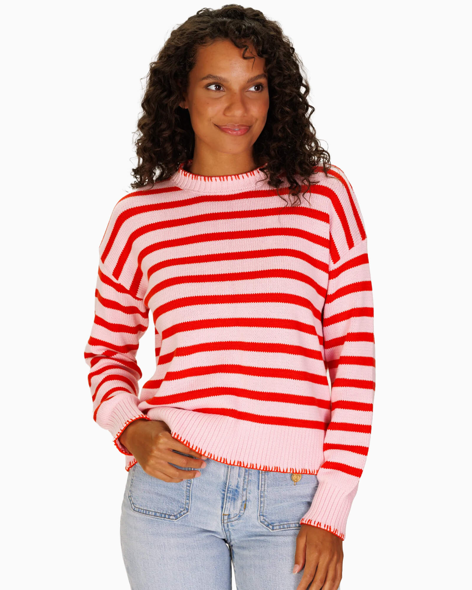 Blanket Stitch Sweater Pink & Red Orange Stripe