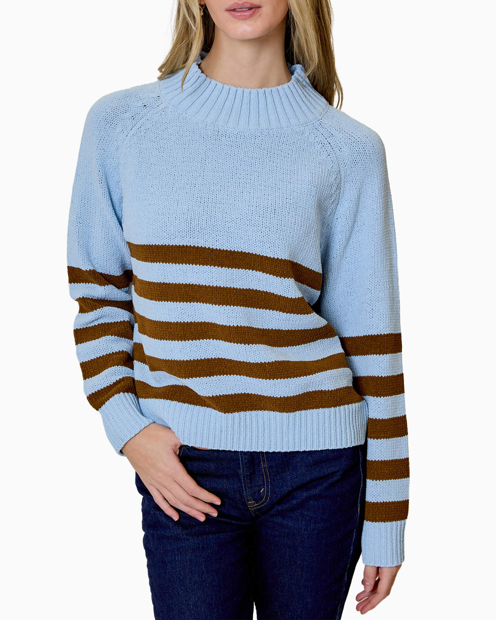 Mock Neck Stripe Sweater Blue