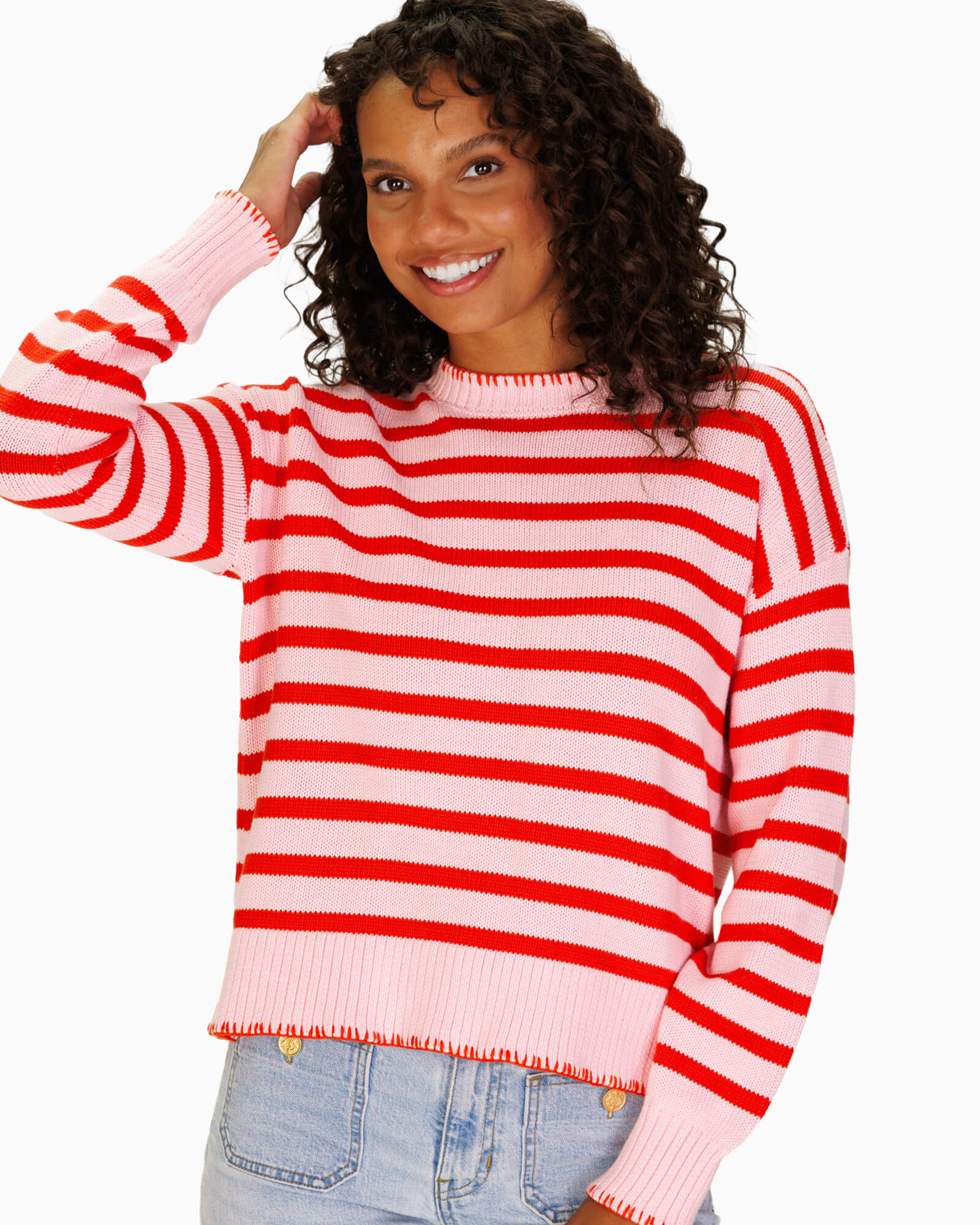 Blanket Stitch Sweater Pink & Red Orange Stripe