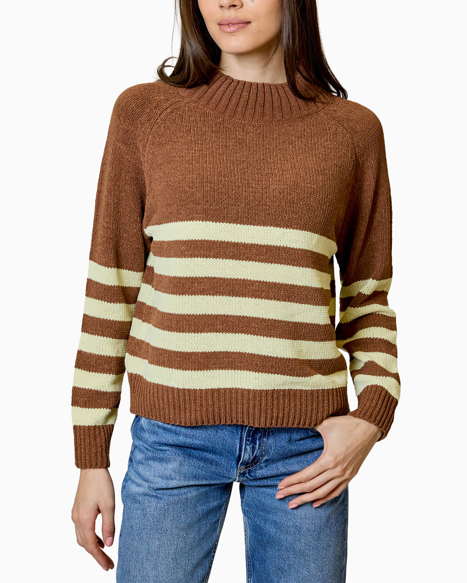 Mock Neck Stripe Sweater Brown