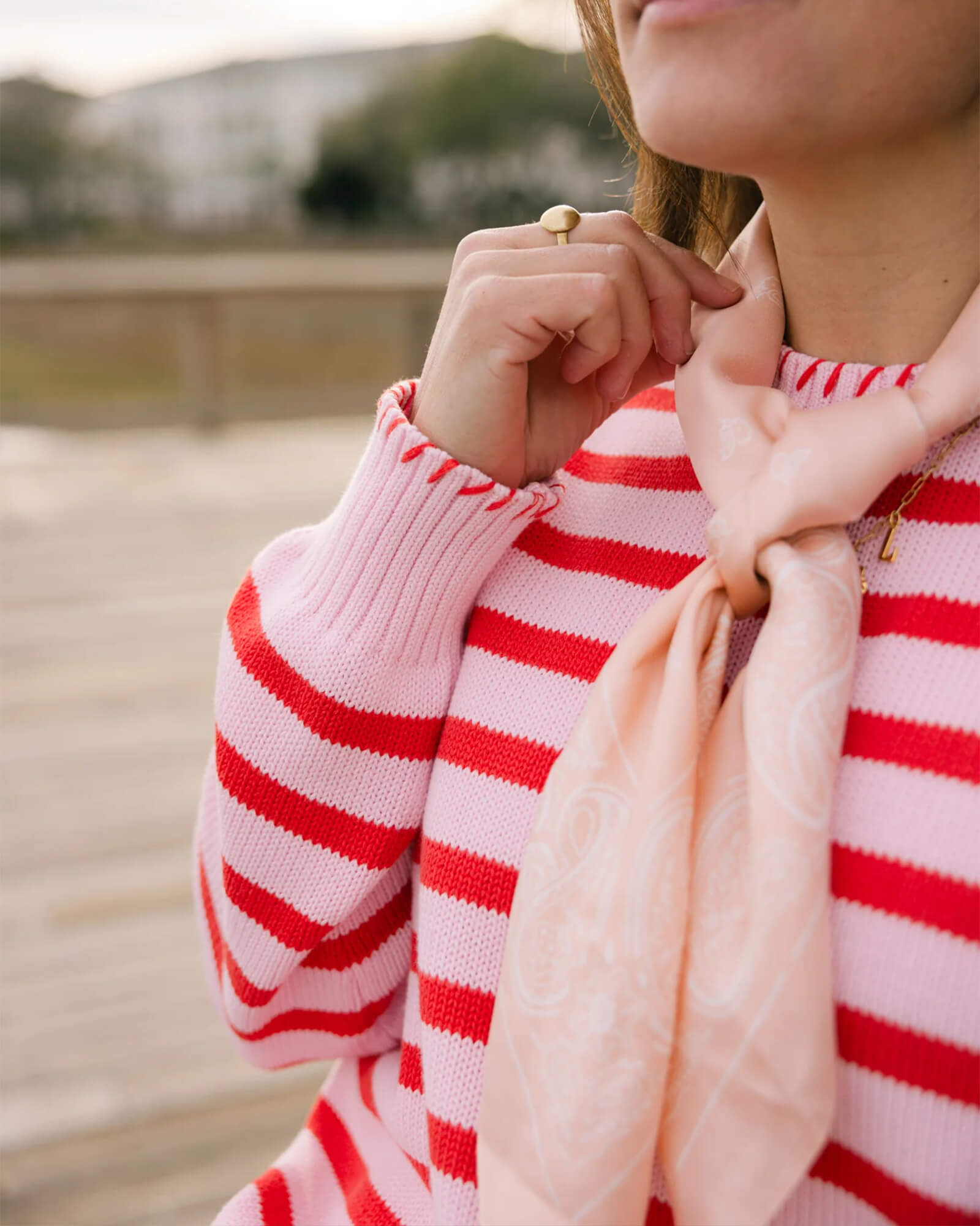 Blanket Stitch Sweater Pink & Red Orange Stripe