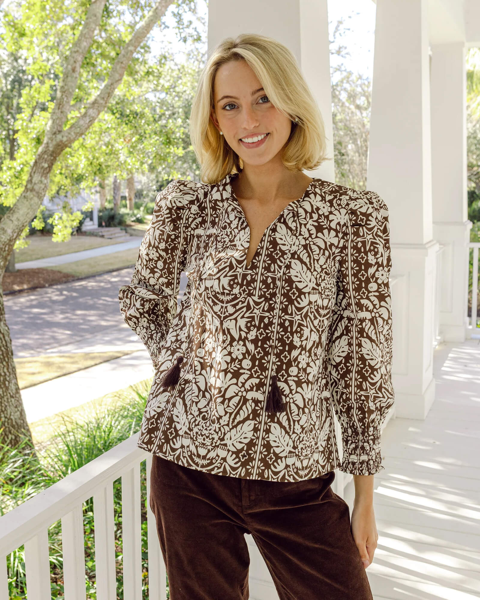 Tropical Block Print Tassel Front Top