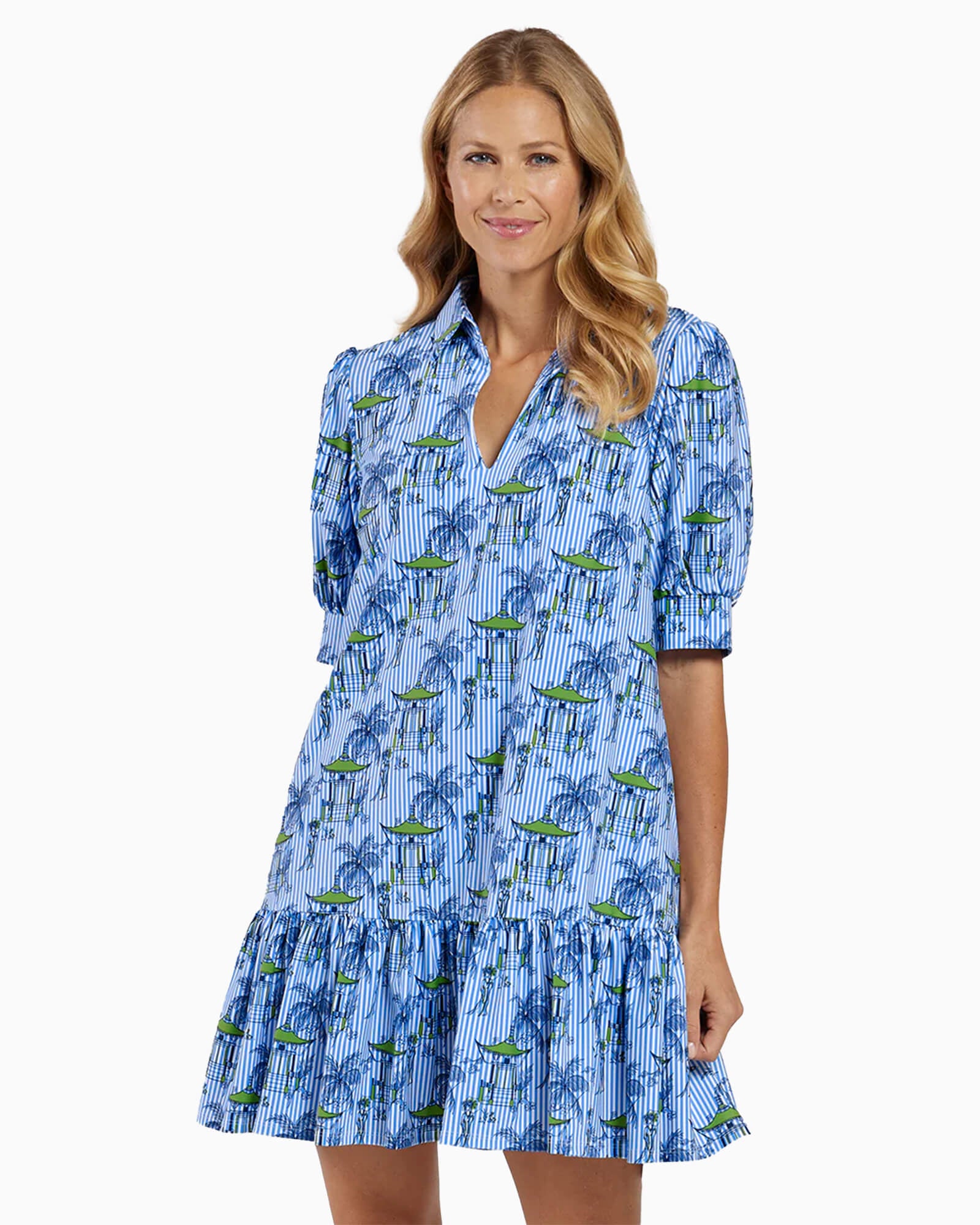 Tierney Dress Pagoda Pinstripe Blue