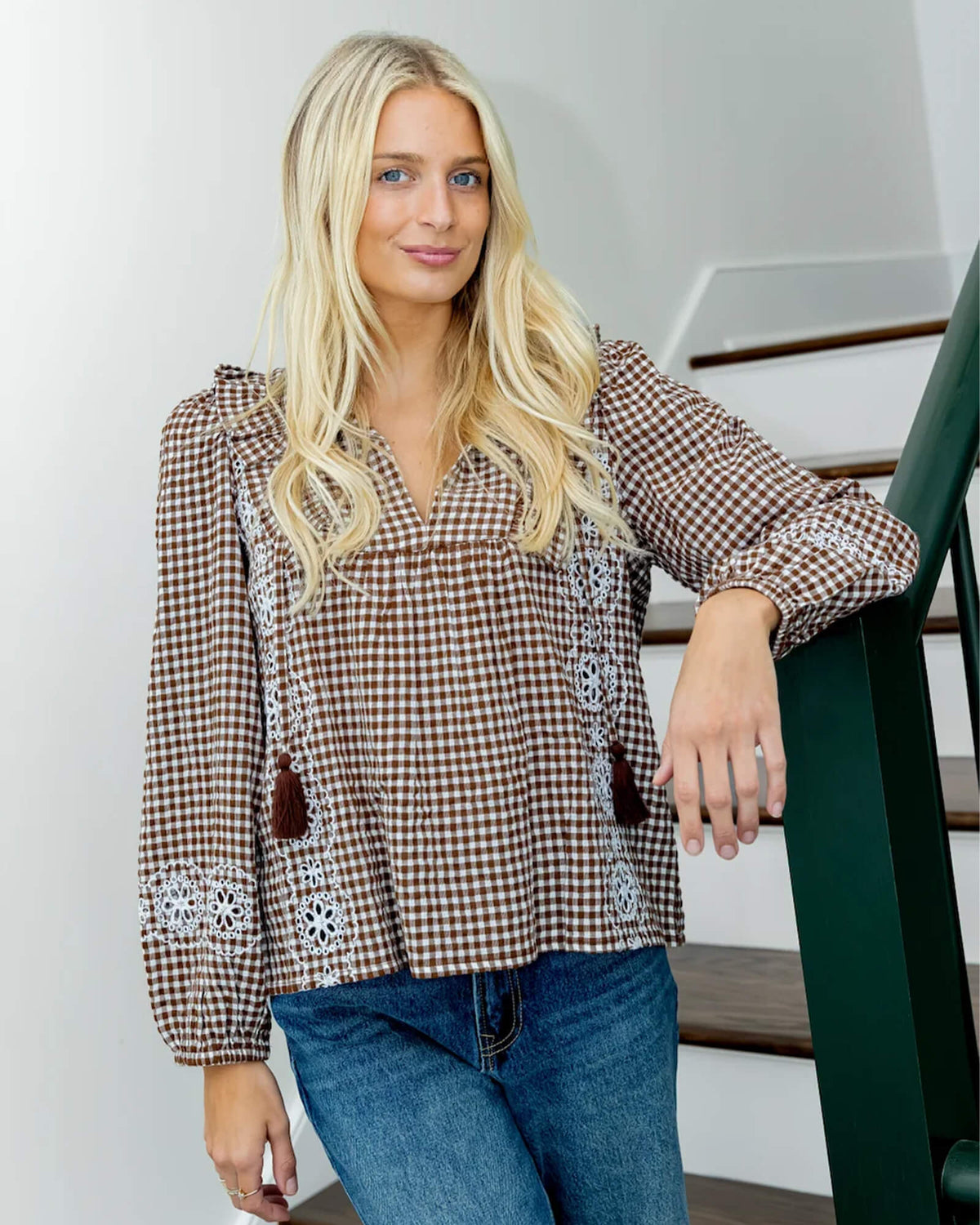 Brown & White Gingham Embroidered Ruffle Front Top with Tassels