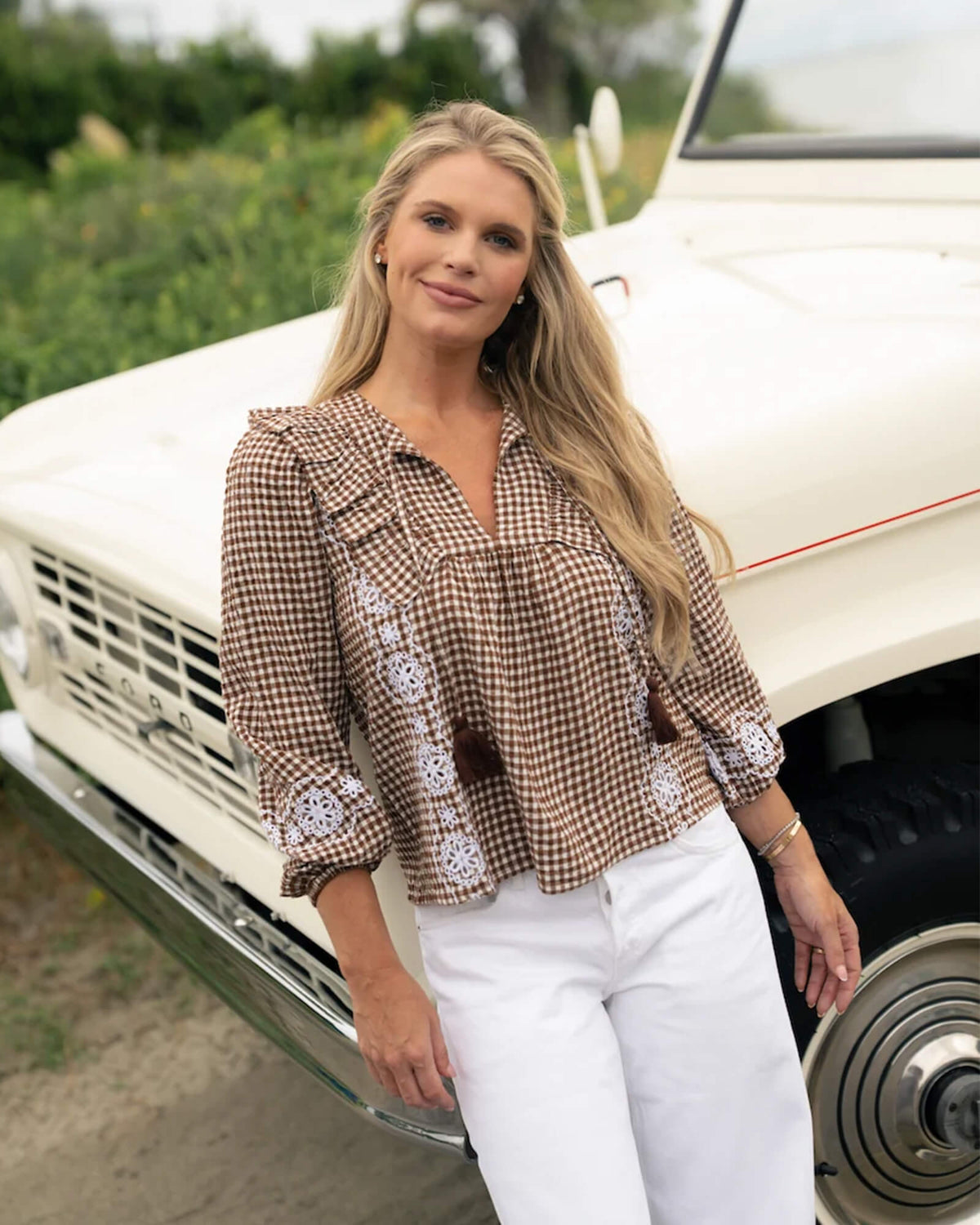 Brown & White Gingham Embroidered Ruffle Front Top with Tassels