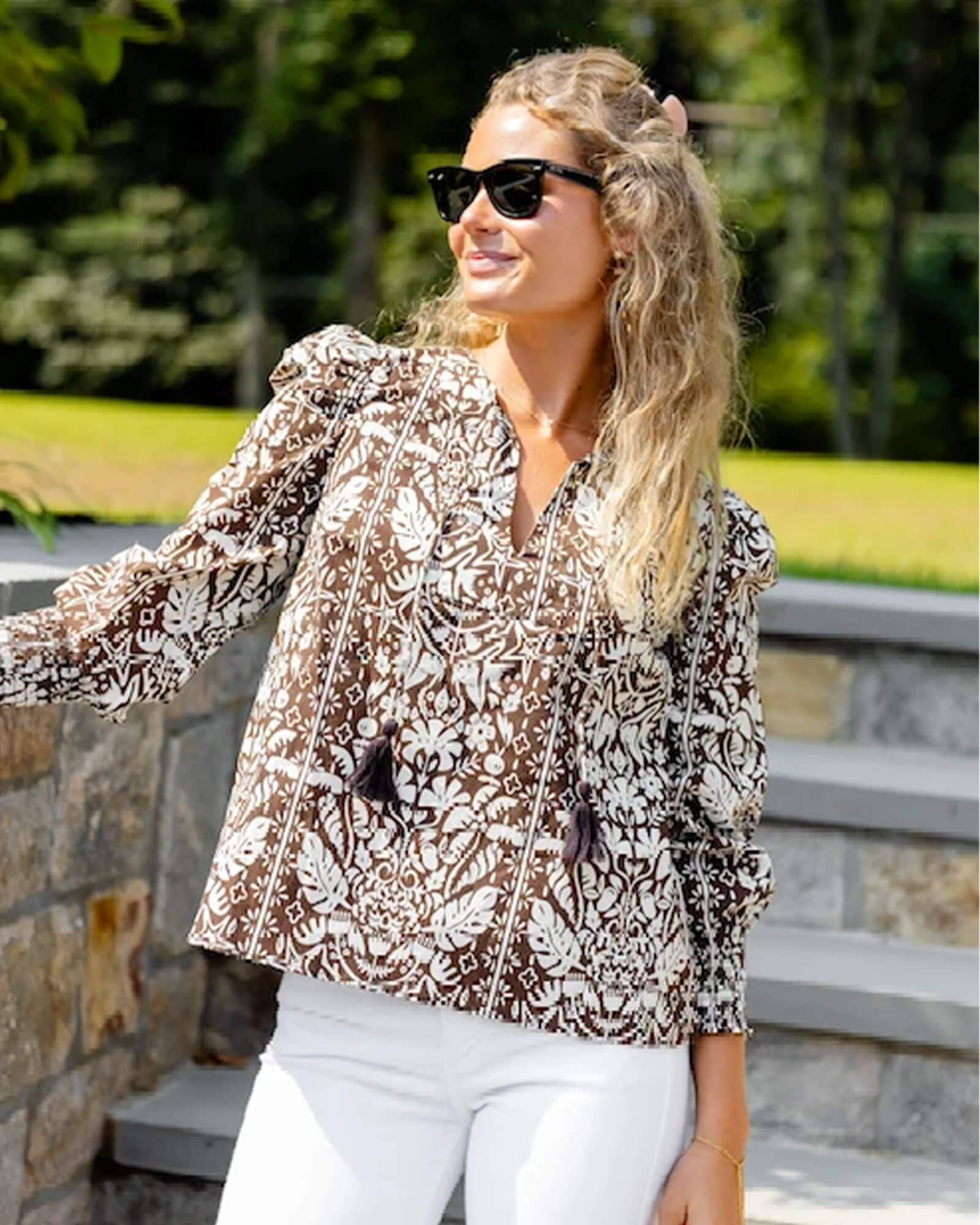 Tropical Block Print Tassel Front Top