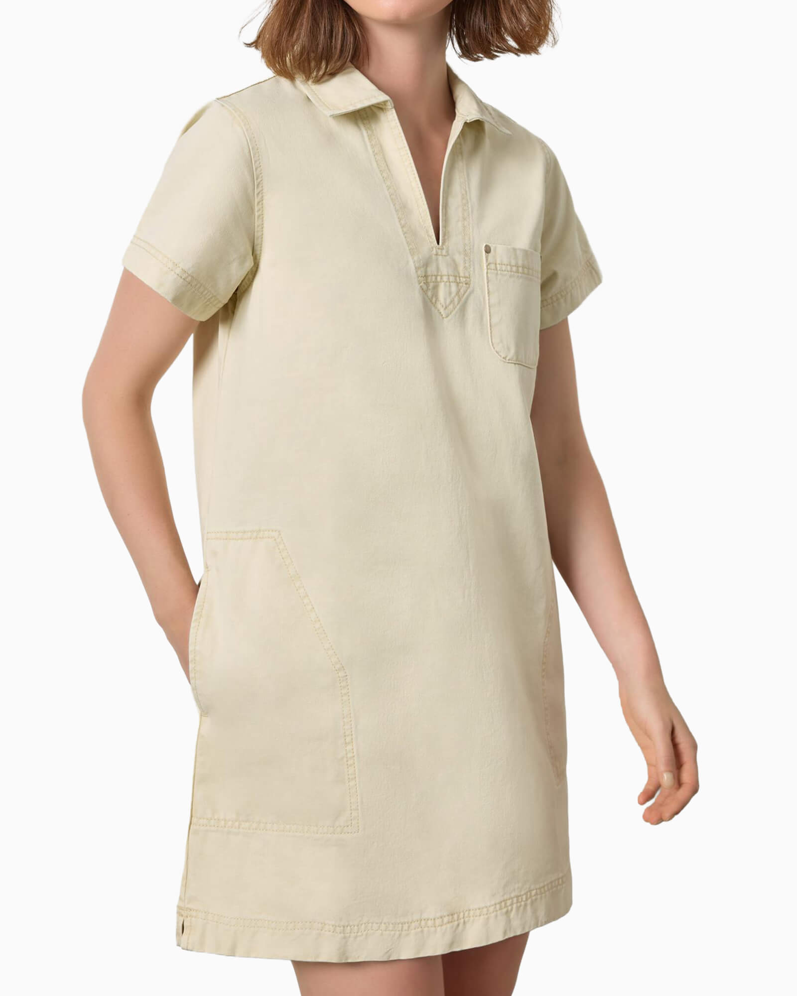 Twill Split Neck Collared Dress Parchment