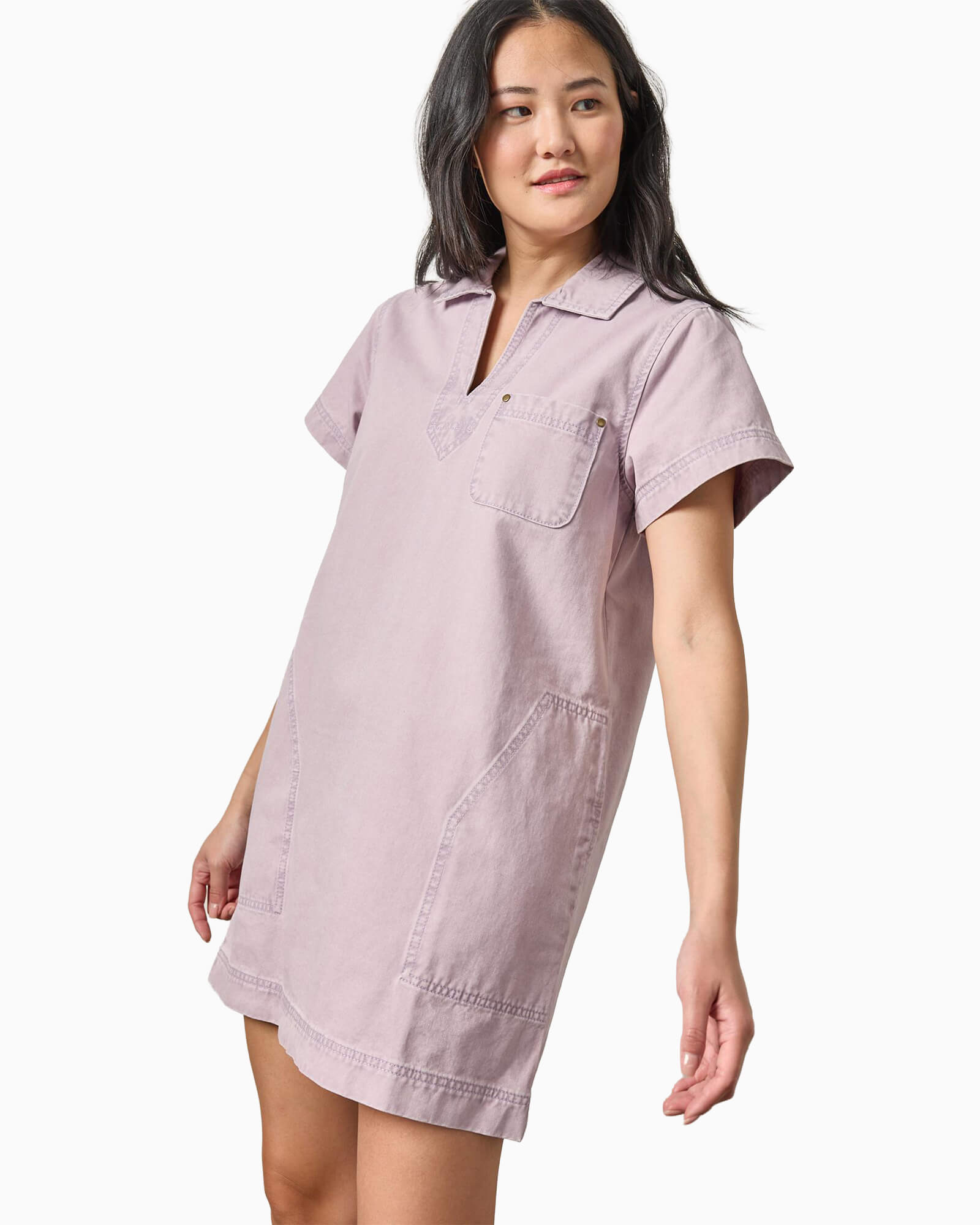 Twill Split Neck Collared Dress Thistle